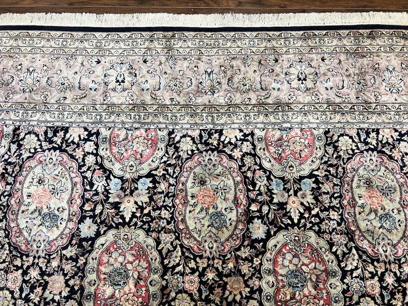 Sino Persian Rug 9x12, Navy Blue and Pink Hand Knotted Wool and Silk Highlights Vintage Oriental Carpet, Handmade Floral Area Rug 9 x 12 ft by Jewel Rugs