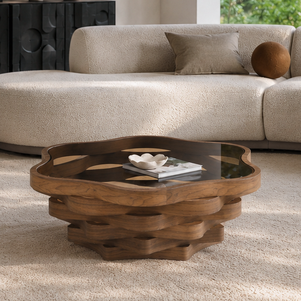 36.02" Unique Irregular Cloud Shaped Coffee Table with Tempered Glass Top, Multi-Layer Wave MDF Base Modern Artistic Cocktail Table for Living Room & Apartment