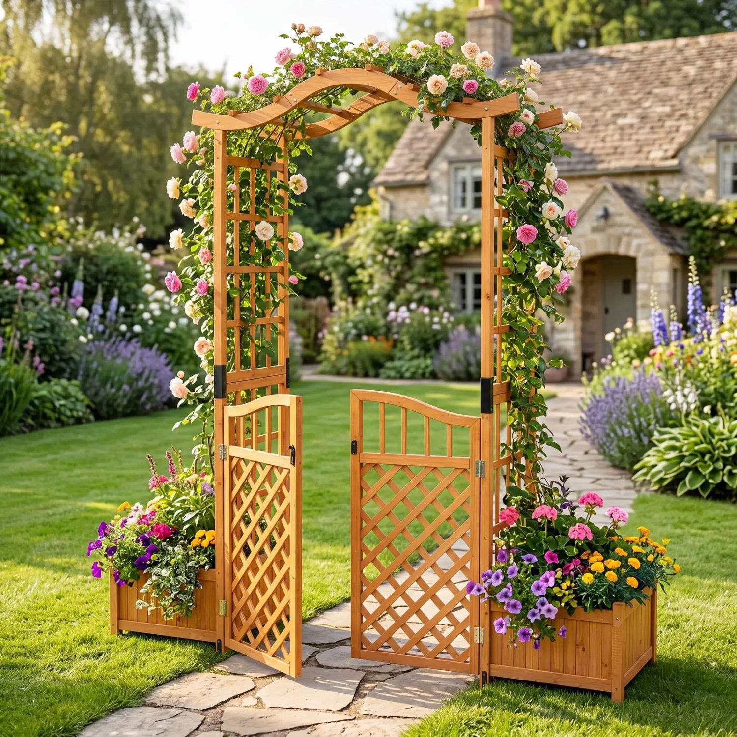 Garden Arbor with Gate and 2 Planter Boxes, 83" Yellow by DirectDeals