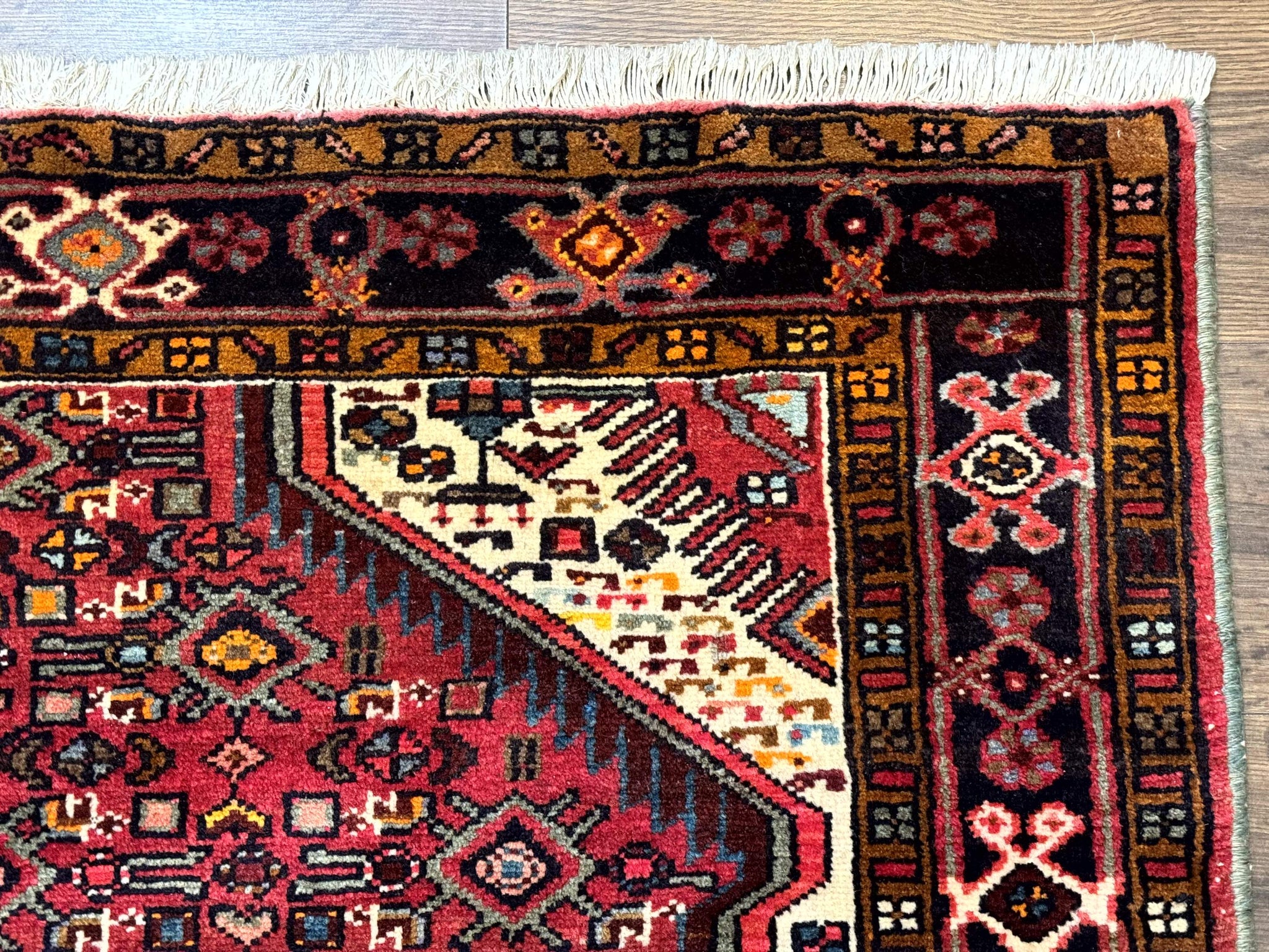 Persian Hamadan Rug 4x7, Tribal Village Malayer Carpet, Red and Ivory, Bohemian Antique by Jewel Rugs