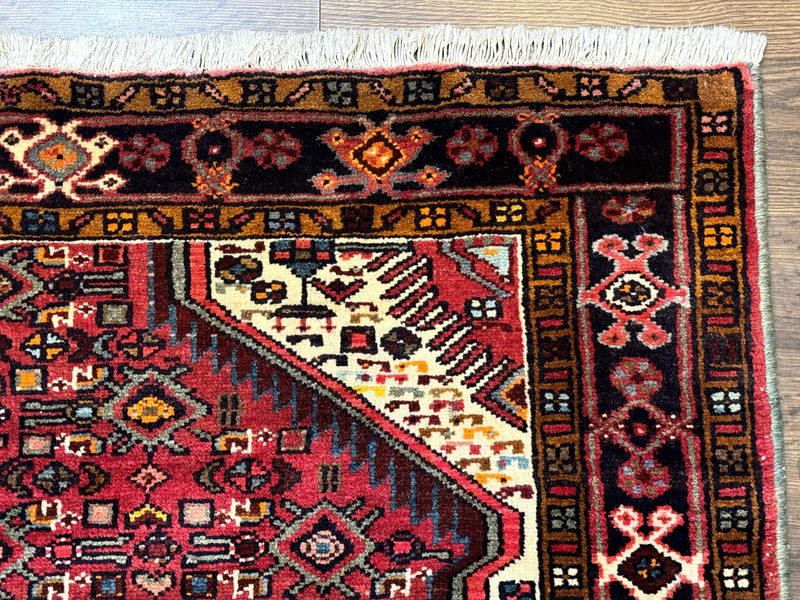 Persian Hamadan Rug 4x7, Tribal Village Malayer Carpet, Red and Ivory, Bohemian Antique by Jewel Rugs