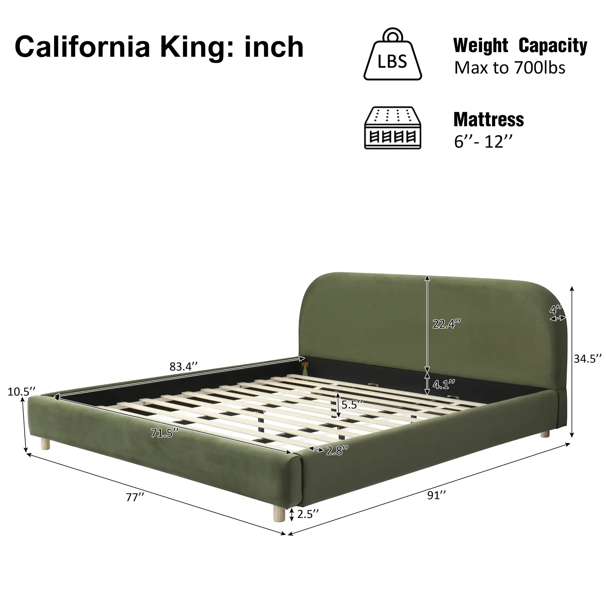 California King Size Upholstered Bed Frame With Velvet Fabric And Curve Design Thick Headboard, Solid Wood Legs, Olive by HouseOfZazla