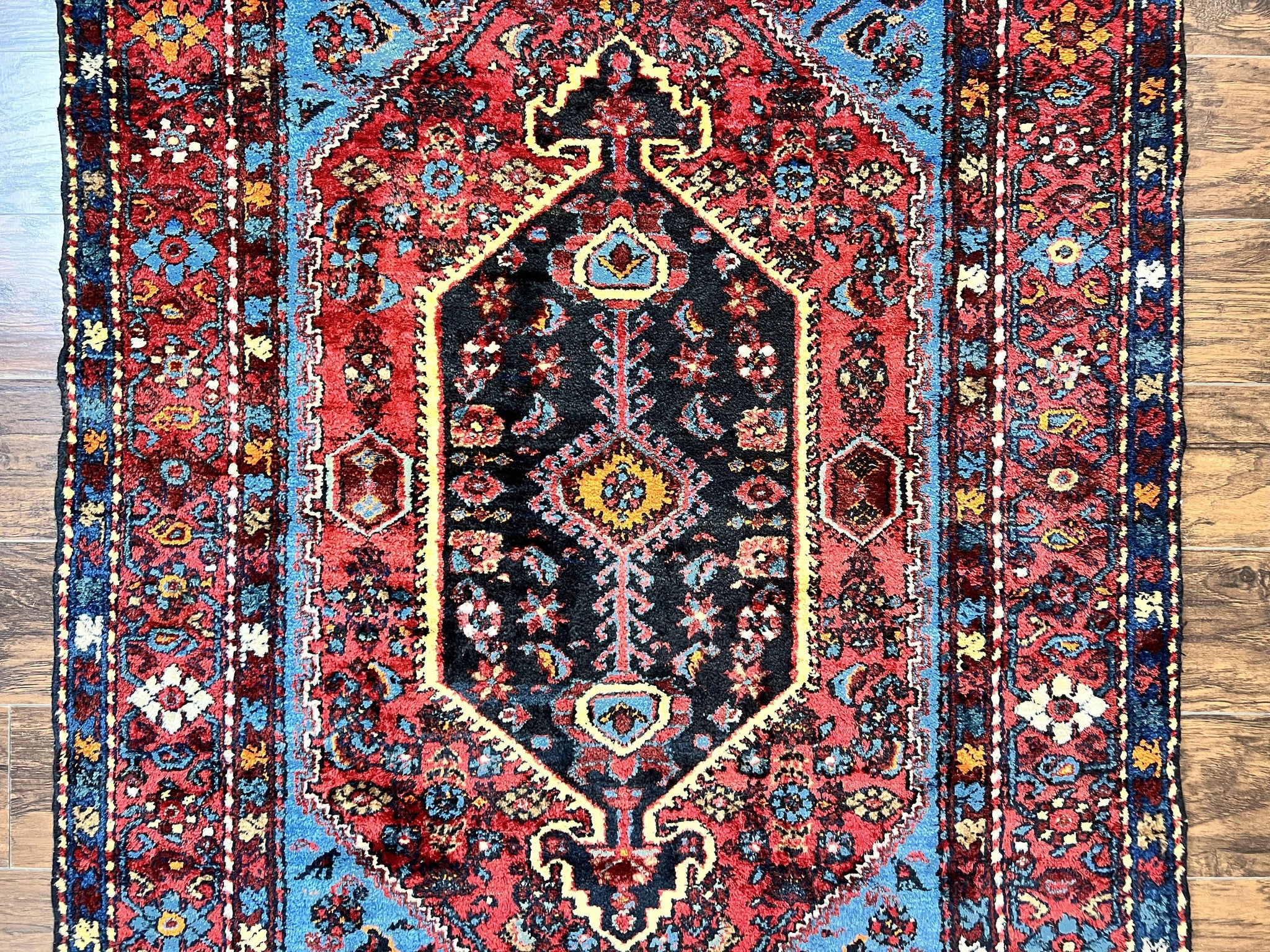 Antique Persian Tribal Rug 4x7, Wool Handmade 1920s Carpet, Red Blue, Persian Hamadan Rug by Jewel Rugs