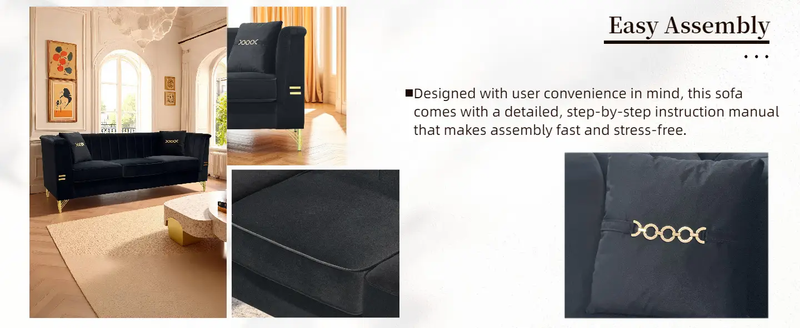 FX-P82-BK2 Modern Velvet 3-Seater Sofa with 2 Pillows by HouseOfZazla