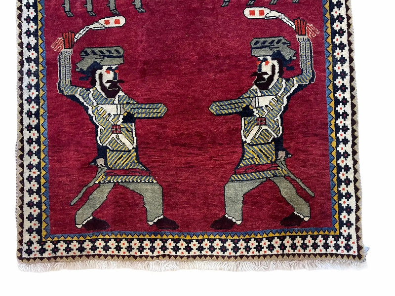 3 X 6 Handmade Wool Rug Tribal Balouch Warriors Deer Animal Pictorial Red Swords by Jewel Rugs
