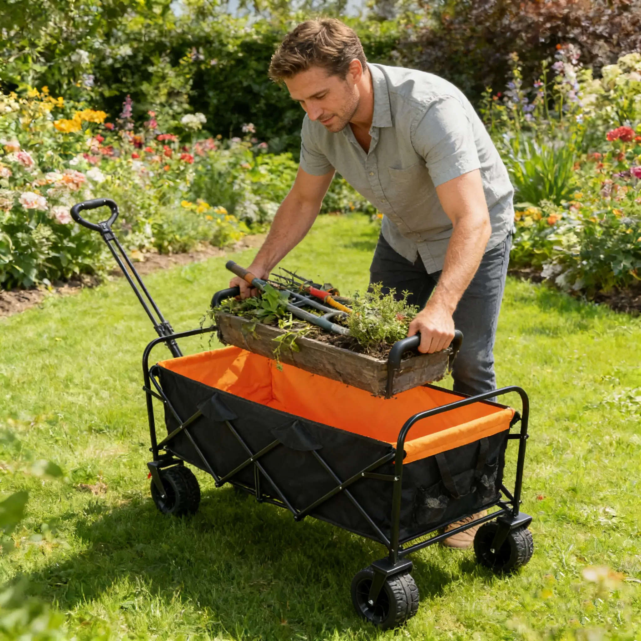 Big Large Capacity Folding Wagon Cart with Extender (Black + Orange) by HouseOfZazla