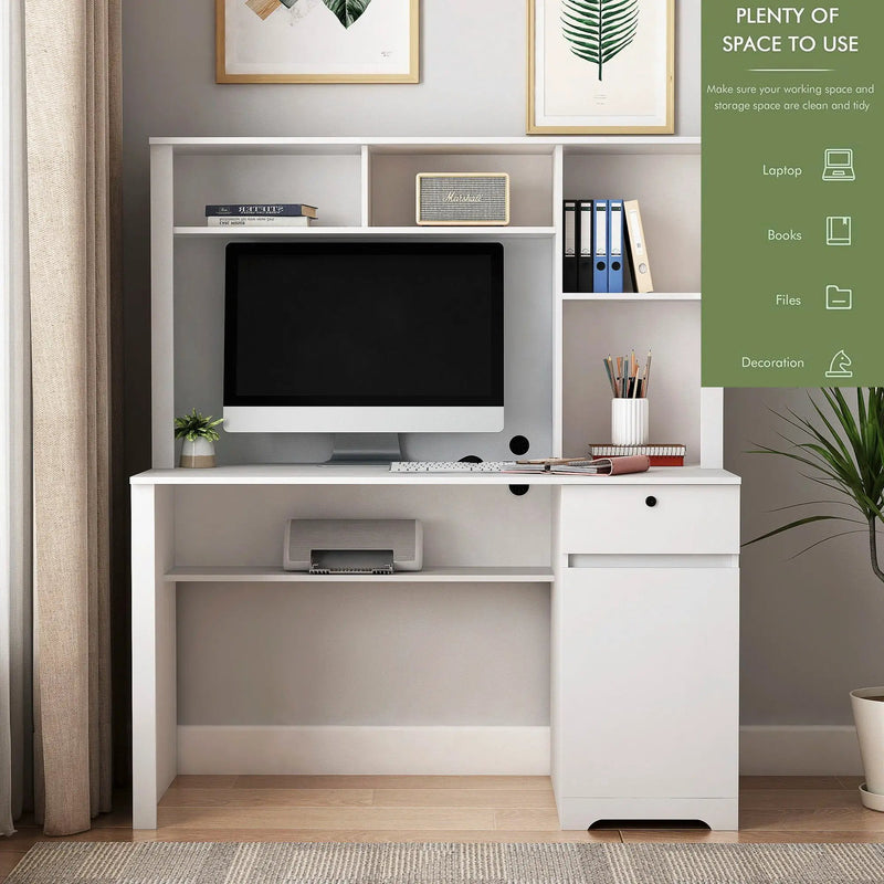 Computer Desk With Hutch & Bookshelf, Wood Executive Desk Teens Student Desk Writing Laptop Home Office Desk With Drawers, 3 Ac Outlets And 2 USB Charging Ports, Study Laptop Table For Home - White by HouseOfZazla