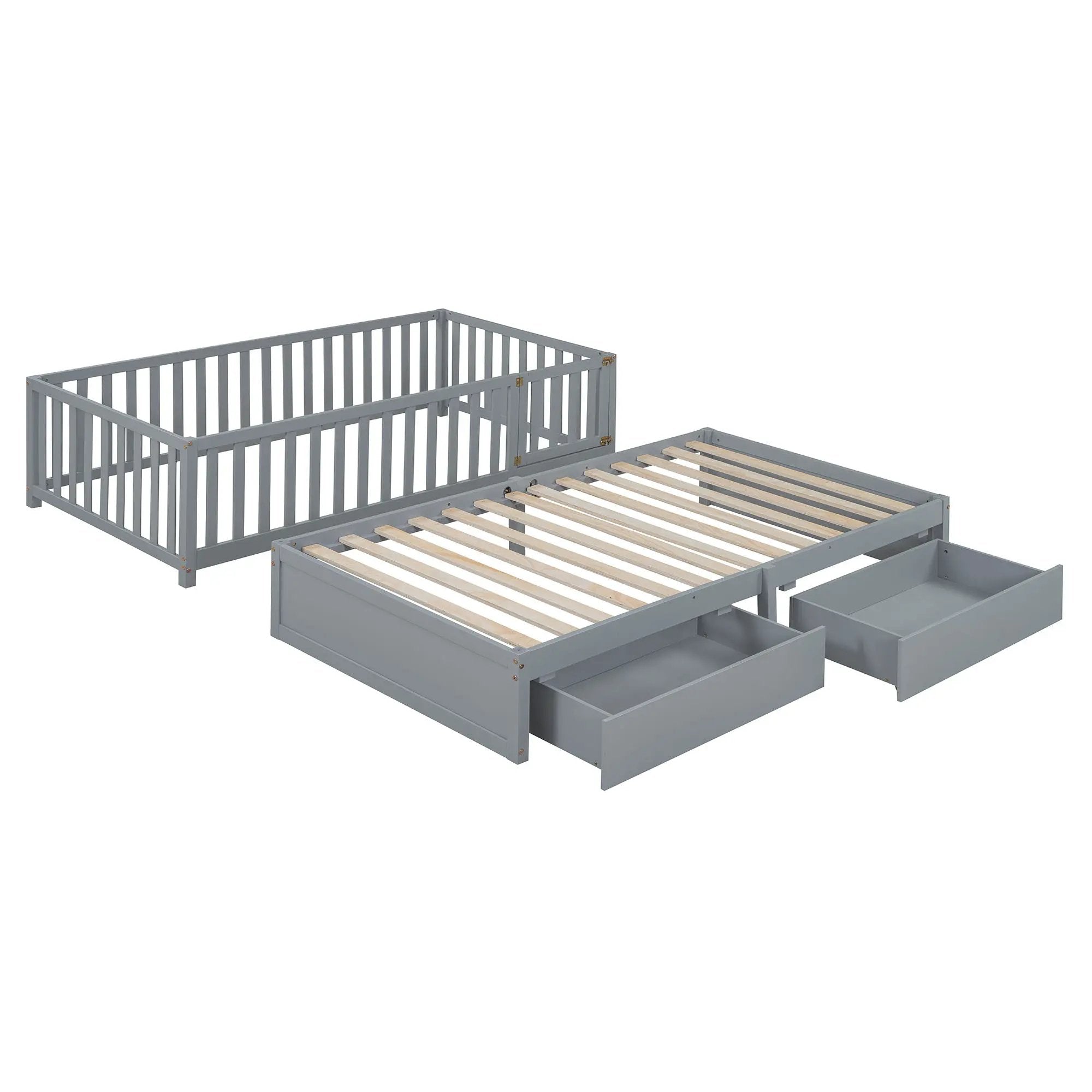 Daybed With Fence Guardrails And 2 Drawers, Split Into Independent Floor Bed & Daybed by HouseOfZazla