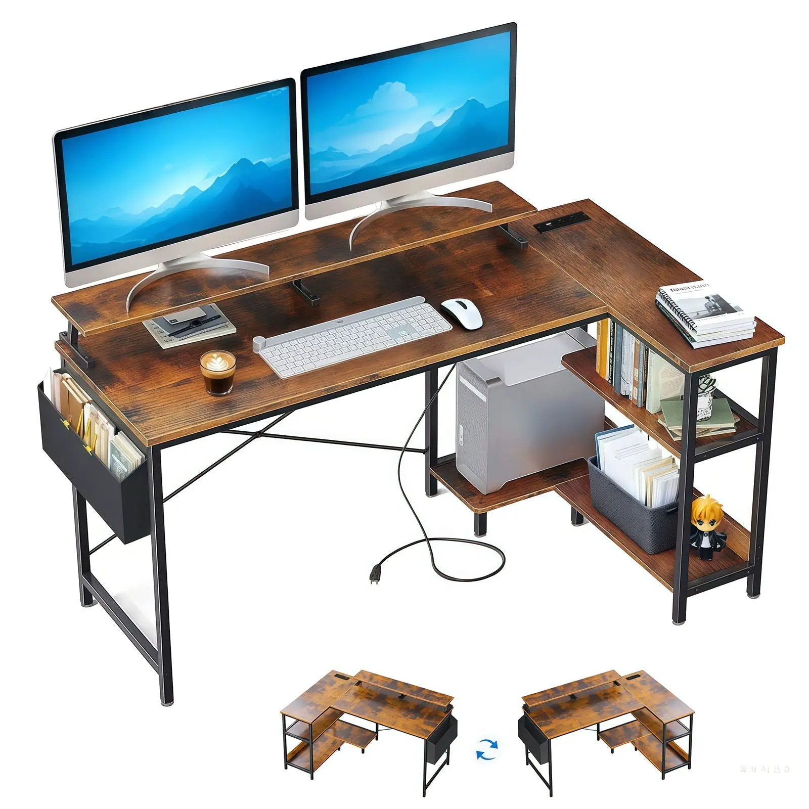 L-Shaped Gaming Desk With Power Outlets, Monitor Stand & Storage Shelves, Reversible Corner Workstation - Black / Brown by Unique Piece Furniture