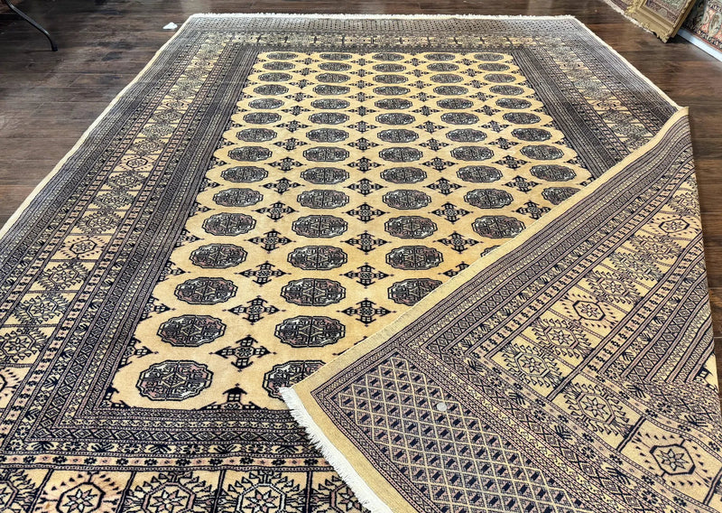 Pakistani Bokhara Turkoman Rug 9x11, Cream, Handmade Wool Vintage Carpet by Jewel Rugs