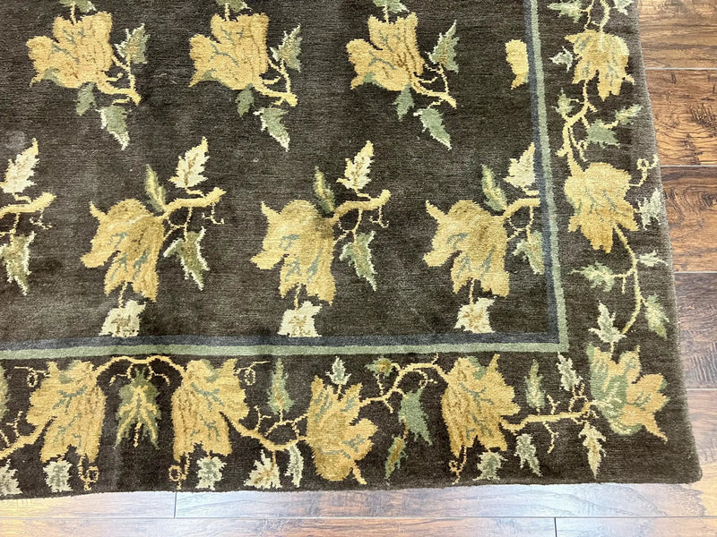 Tibetan Nepal Rug 6x9, Wool Hand Knotted Vintage Carpet 6 x 9, Dark Green & Golden Yellow, Floral Bouquets by Jewel Rugs
