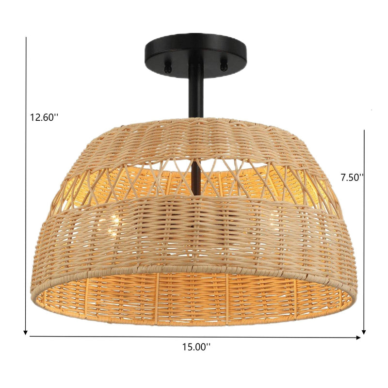 Double Lights Semi Flush Ceiling Lamp with Rattan Shade - Black, photo 7 of 9