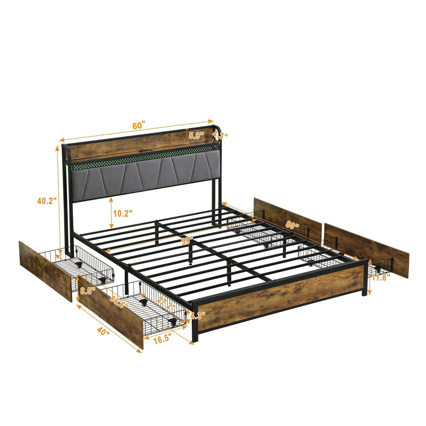 Modern Bed Frame With LED Lights, Upholstered Headboard, USB Charging by HouseOfZazla