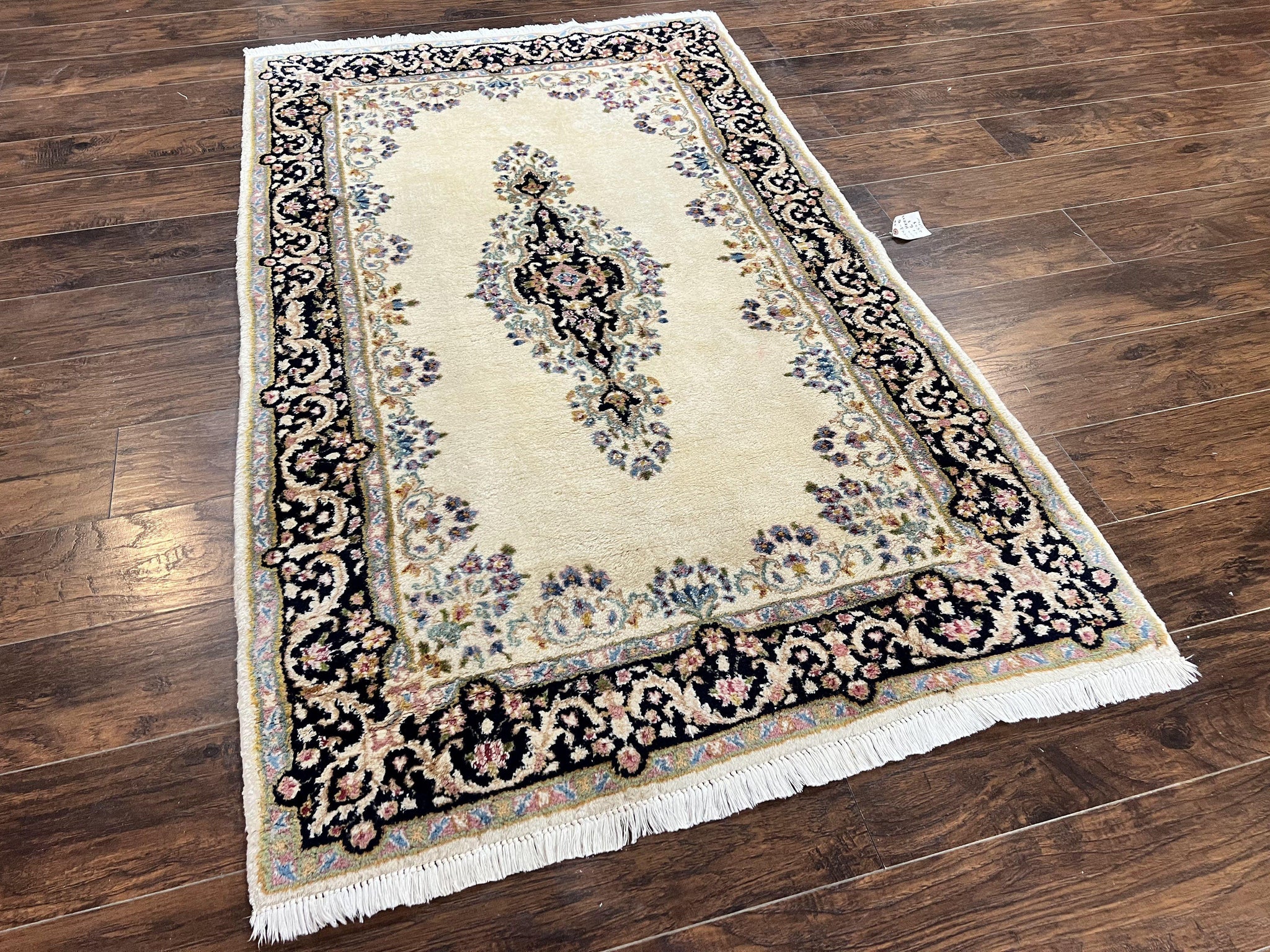 Persian Kirman Rug 4x7, Wool Hand Knotted Antique Carpet, Beige, Semi Open Field Medallion Rug, Traditional Handmade Oriental Rug by Jewel Rugs