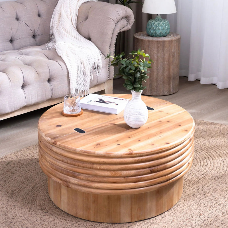 Round Wooden Coffee Table With Hidden Storage, Modern Rustic Centerpiece For Living Room - Multi / Natural / Rustic by Unique Piece Furniture