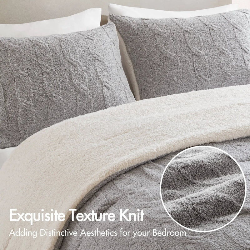 3 Pieces Full/Queen Cable Knit Chenille Comforter Set Gray by HouseOfZazla