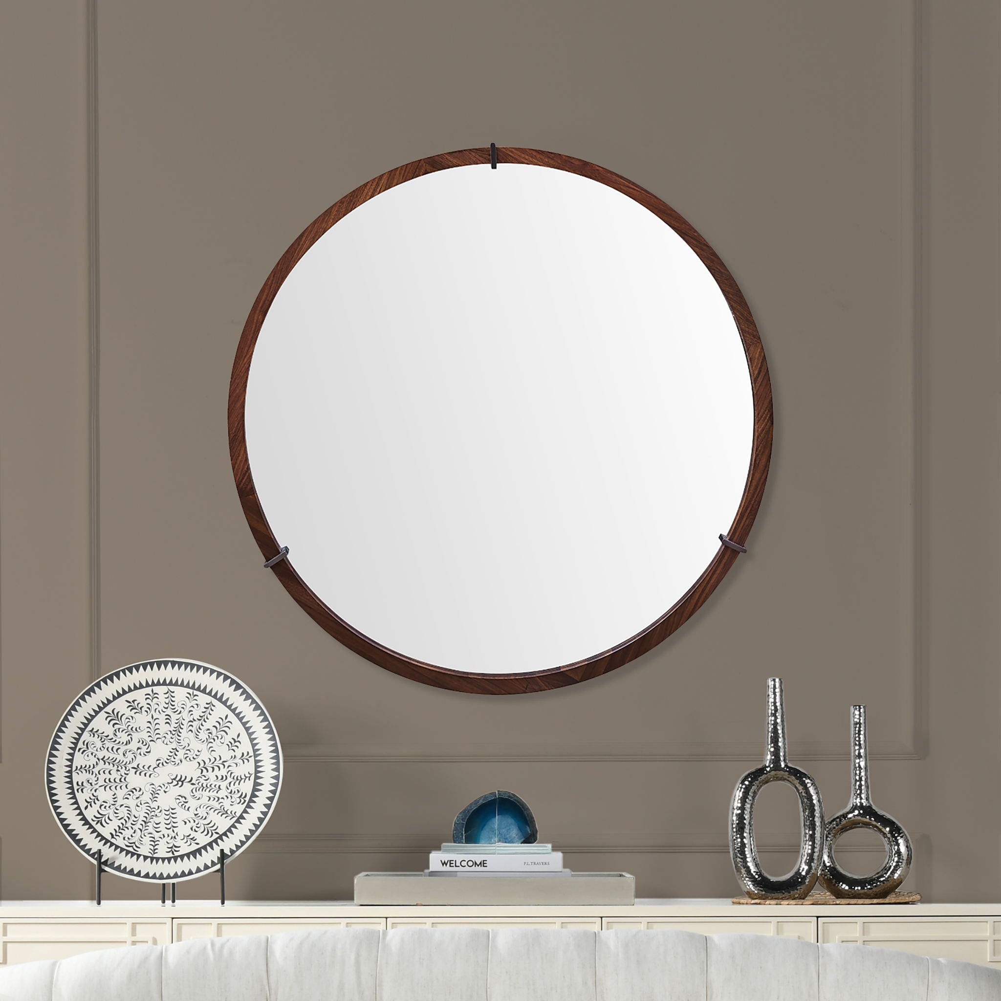 Hausen - Mid-Century Modern Round Accent Wall Mirror - Brown Walnut by HouseOfZazla