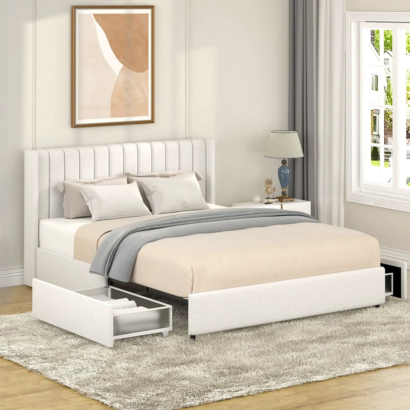 Anda - Boucle Upholstered Platform Bed With Patented Drawers Storage - Ivory by HouseOfZazla
