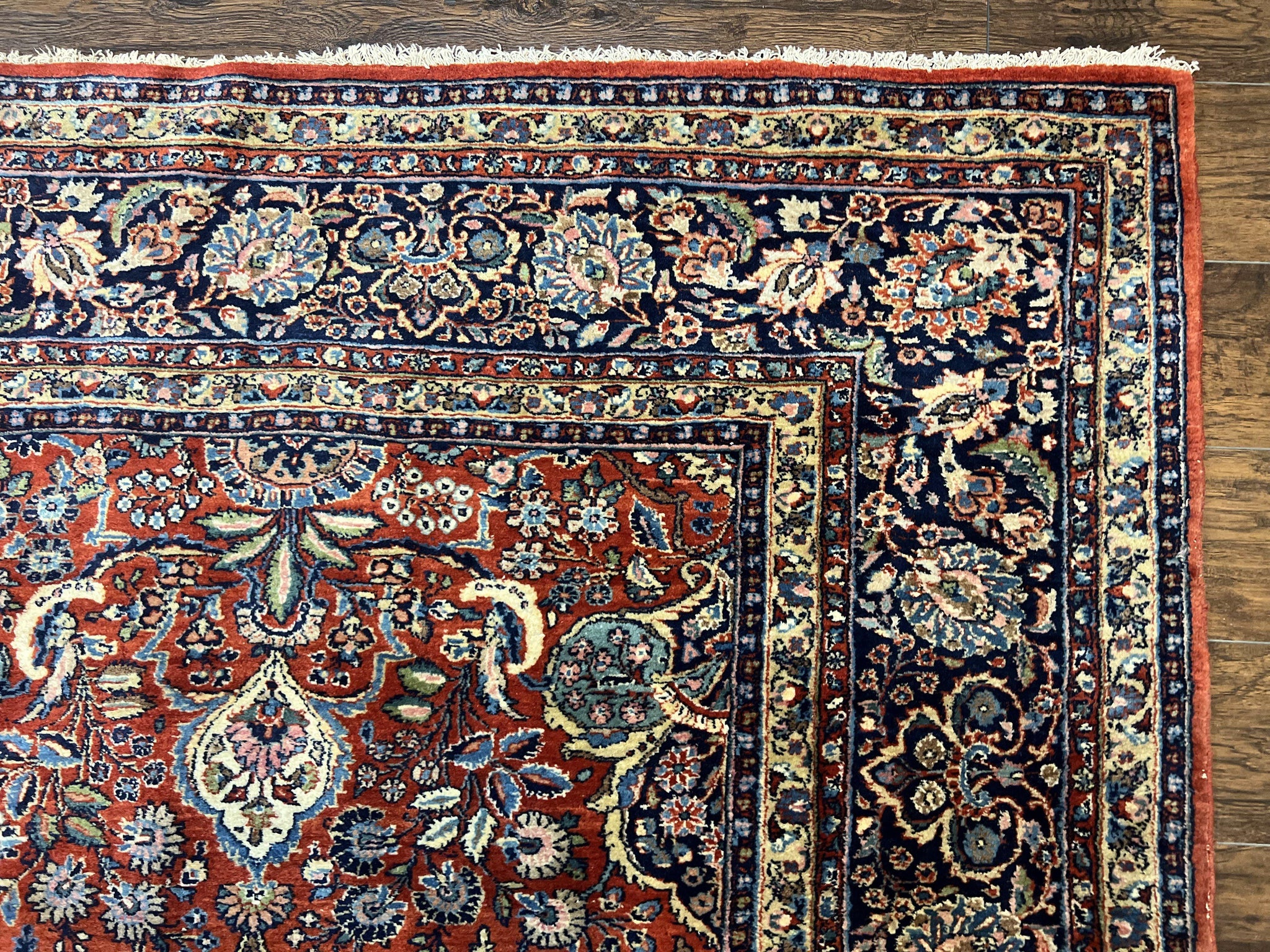 Persian Sarouk Rug 9x12, Red and Dark Blue Floral Allover Antique Persian Carpet, Handmade Wool Qazvin Rug by Jewel Rugs