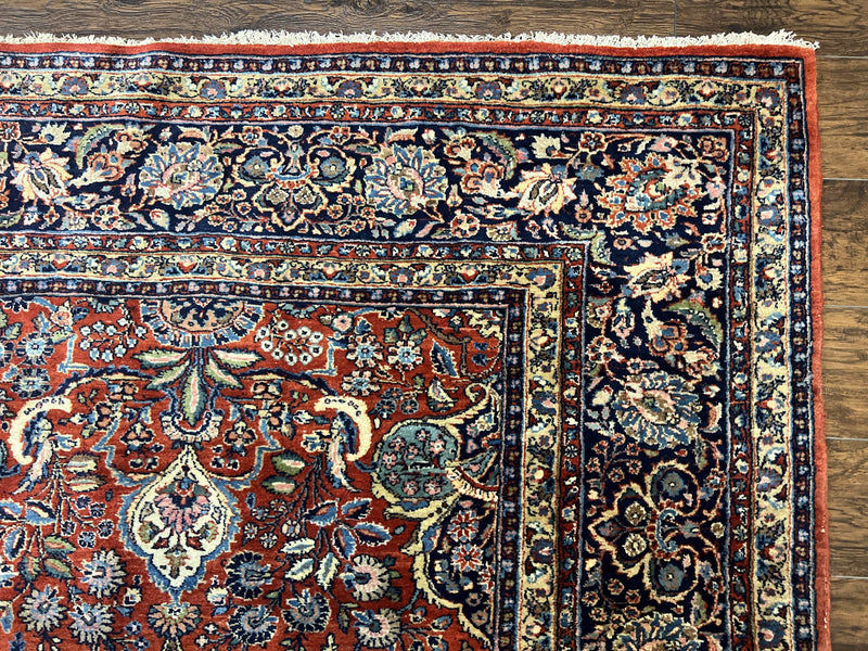 Persian Sarouk Rug 9x12, Red and Dark Blue Floral Allover Antique Persian Carpet, Handmade Wool Qazvin Rug by Jewel Rugs