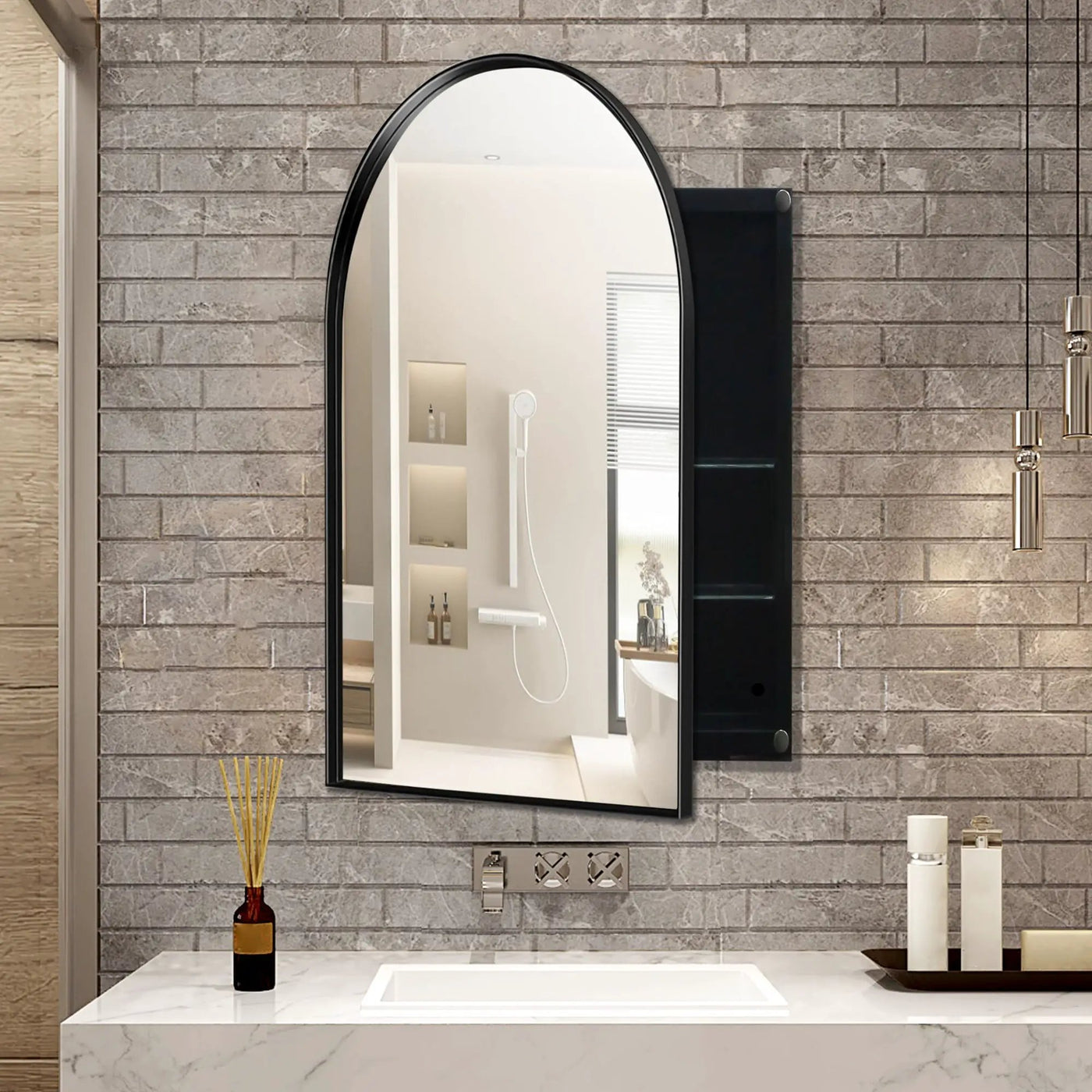 Arched Recessed Medicine Cabinet, Metal Framed Bathroom Wall Cabinet With Mirror And Adjustable Shelves, Wall Mirror With Storage For Bathroom by HouseOfZazla