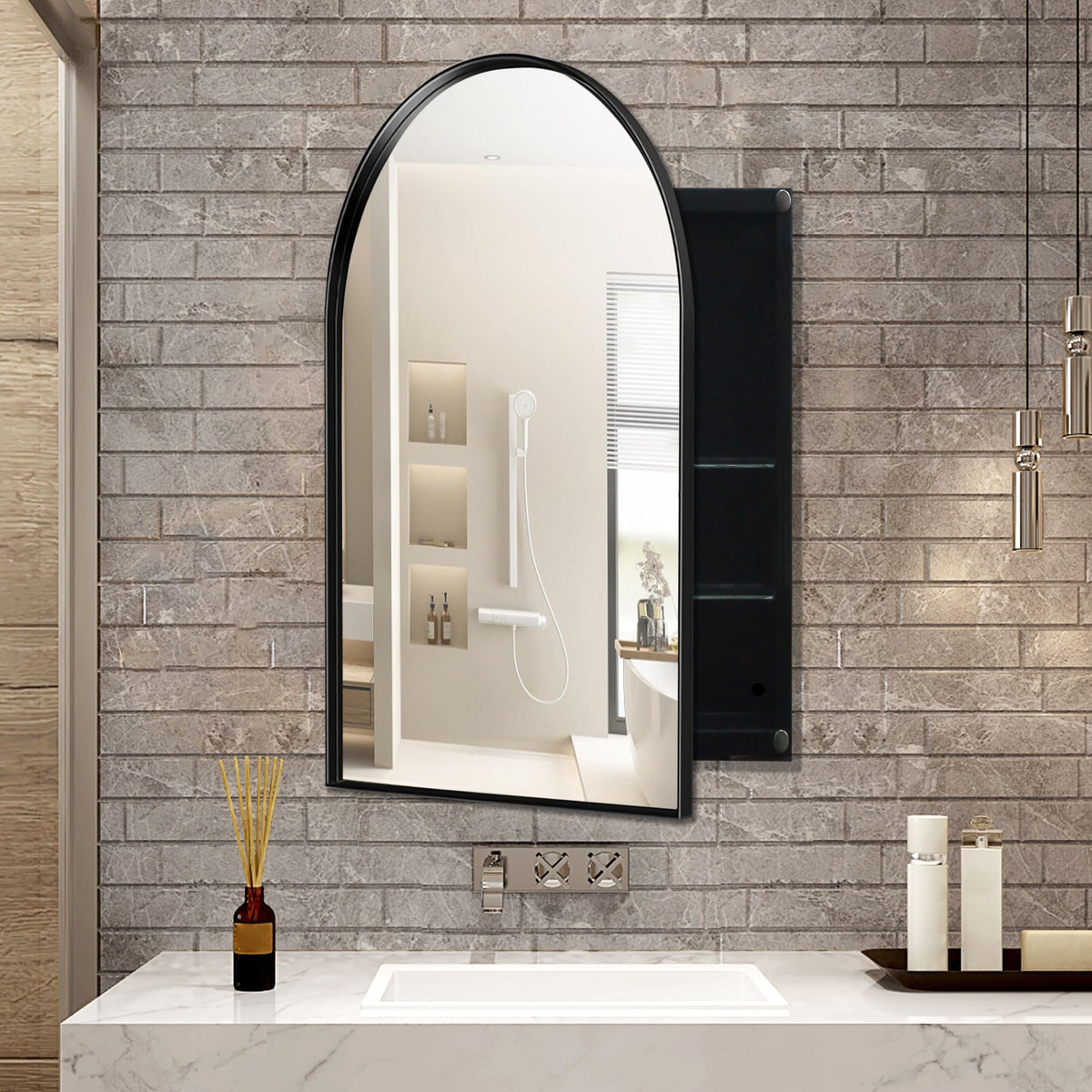 Arched Recessed Medicine Cabinet with Adjustable Shelves - Black, Gold, or White, photo 7 of 12