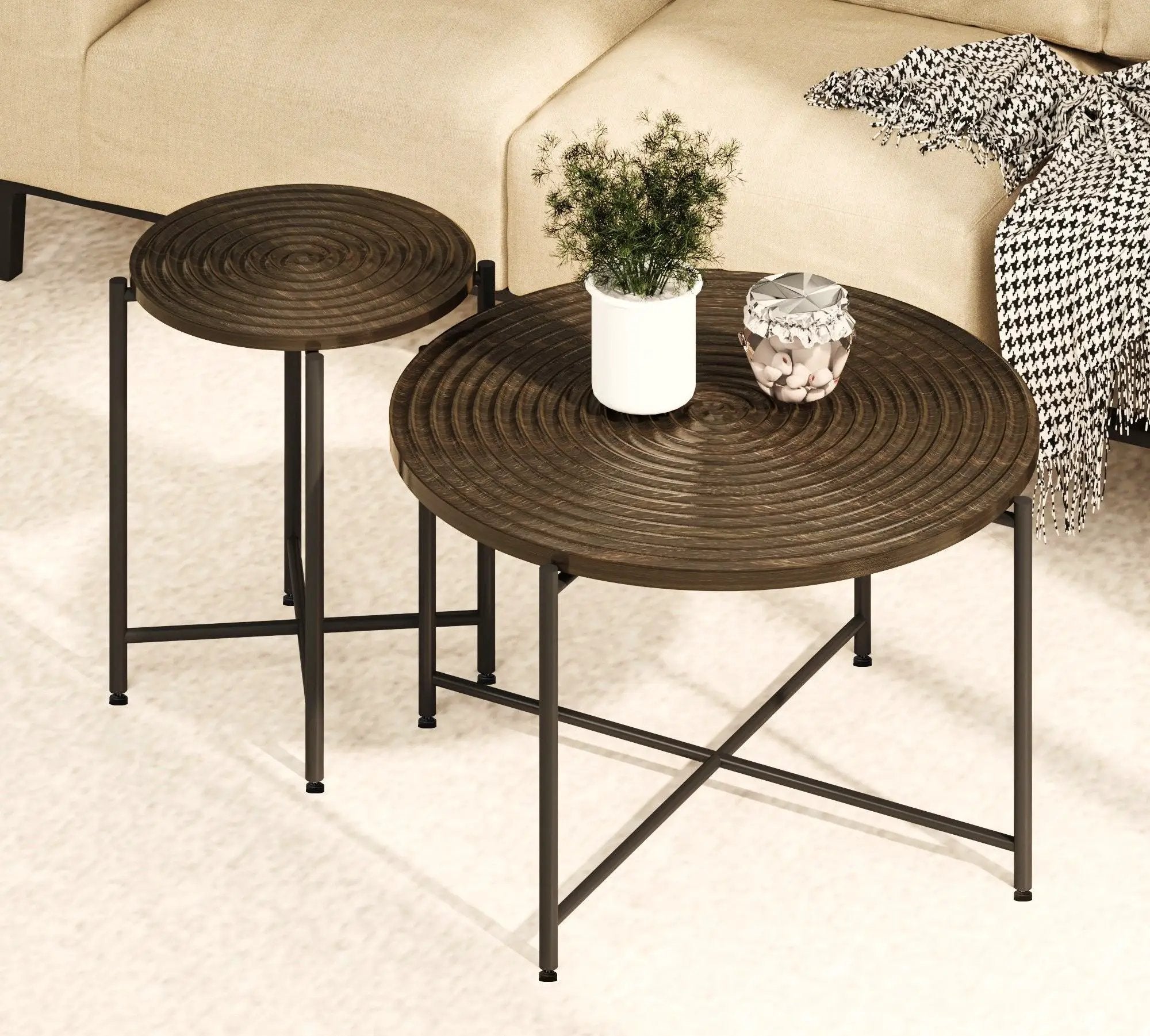 Coffee And End Table Set Waterproof Cover, Distressed Cylindrical Design, Legs Classic Rustic Charm (Set of 2) by HouseOfZazla