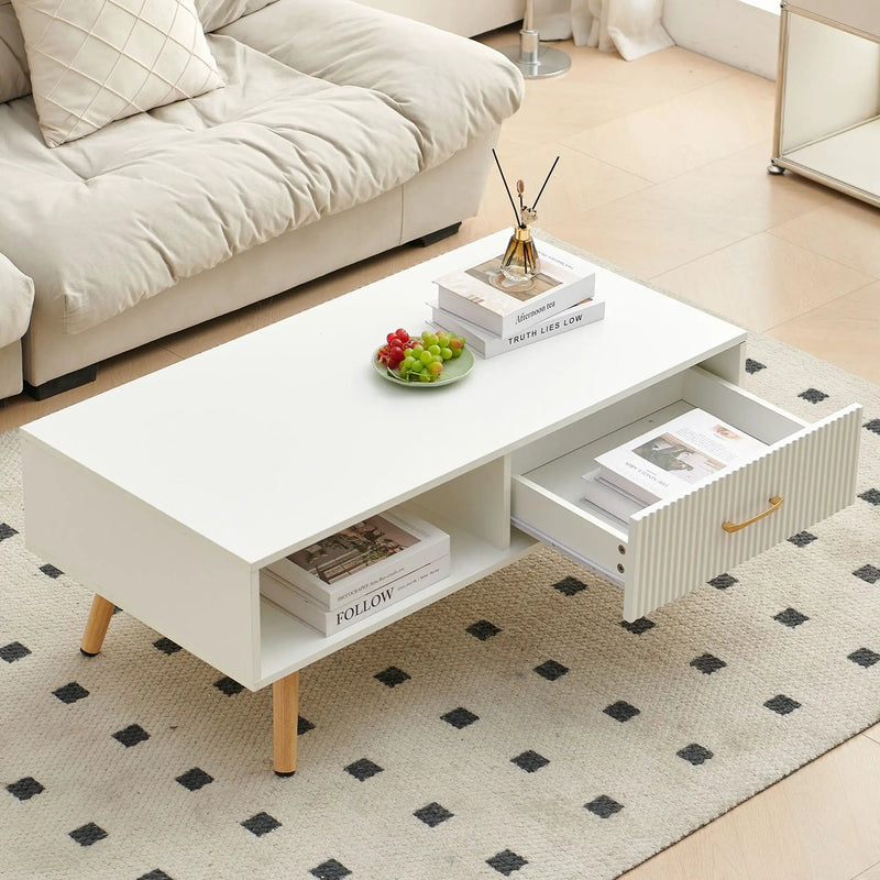 Modern Rectangle Coffee Table With Legs, Sliding Drawer For Storage - White