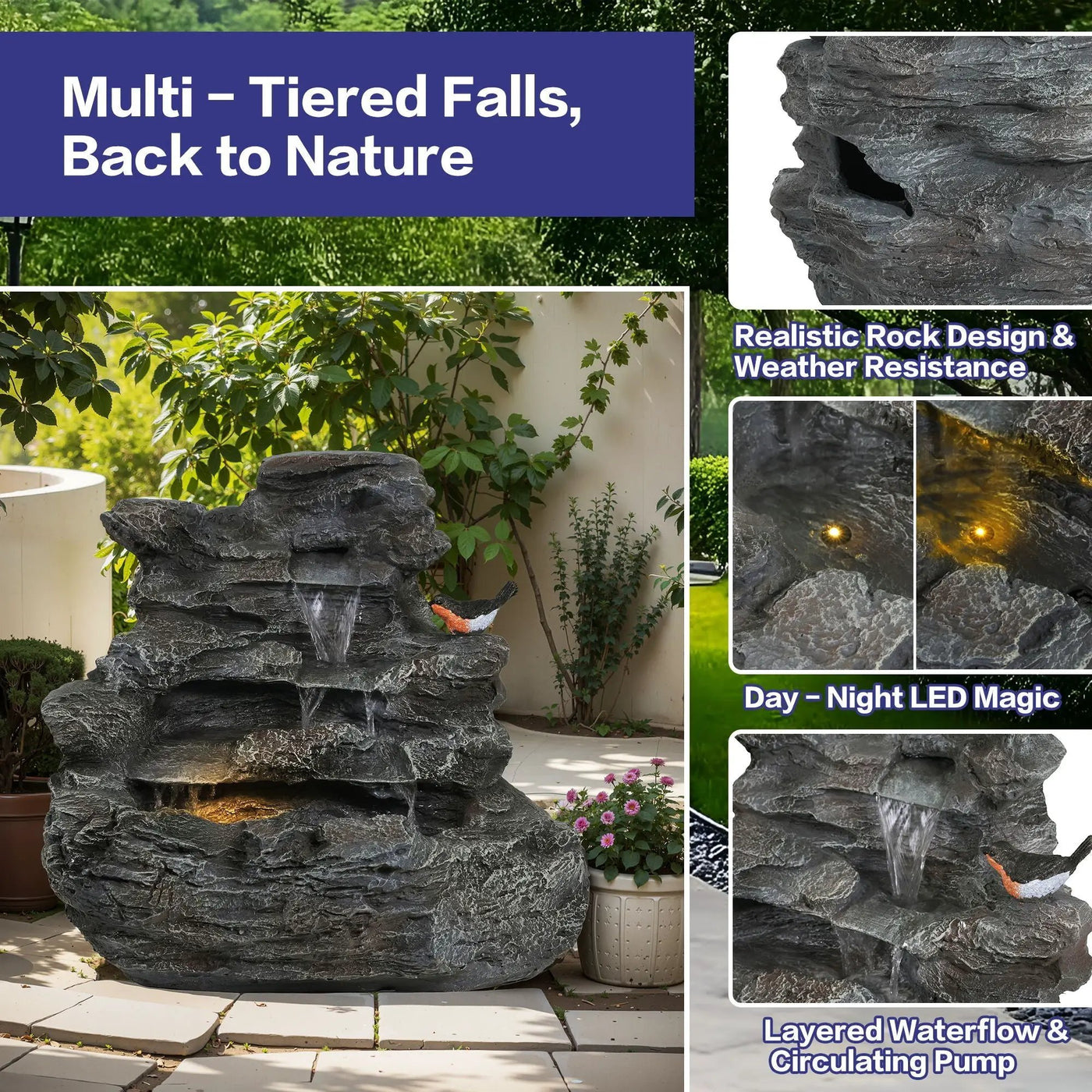 Concrete Rock Waterfall Fountain with LED Lights by HouseOfZazla