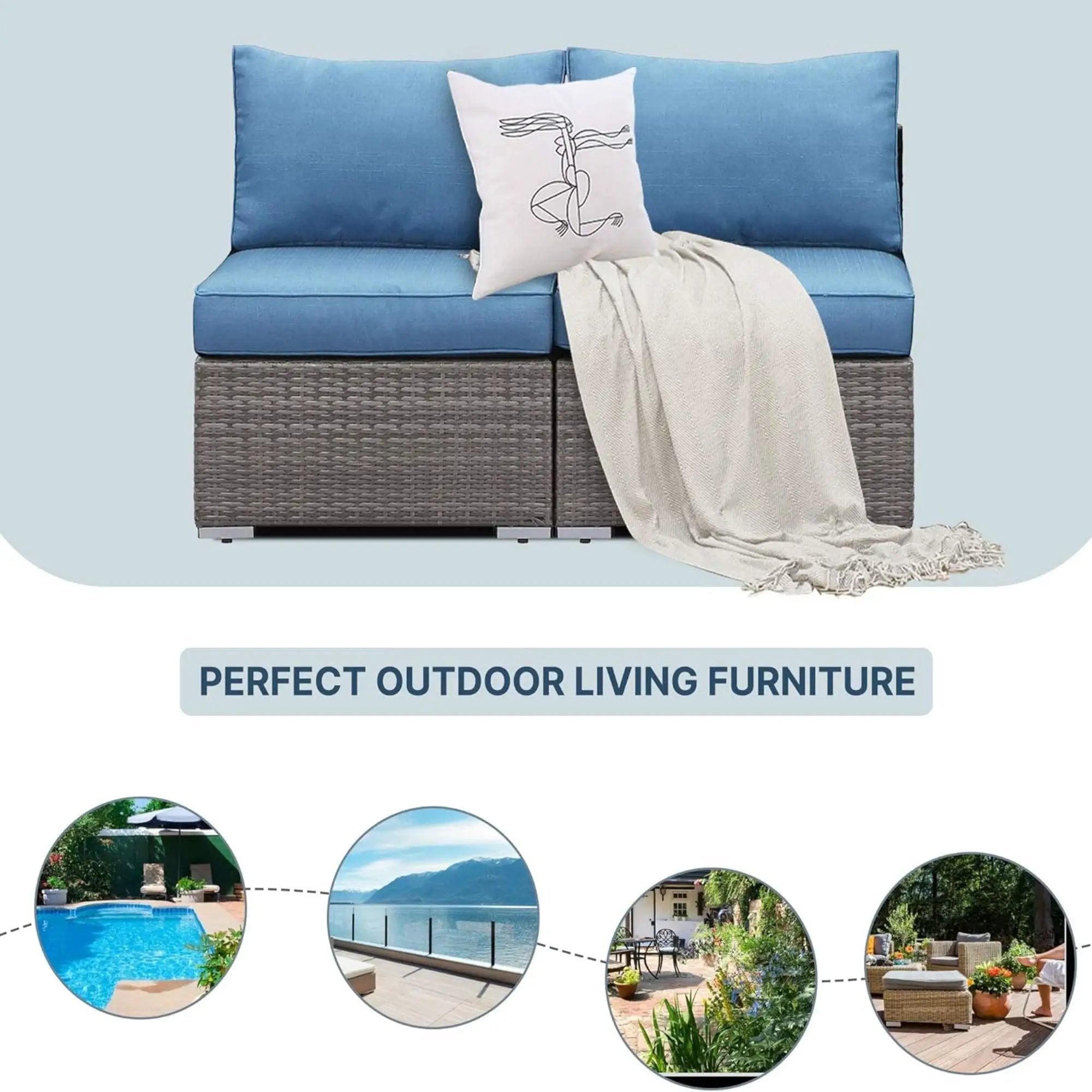 Armless Patio Sofa Set, With UV Resistant Frame And Waterproof Cushions - Blue / Brown