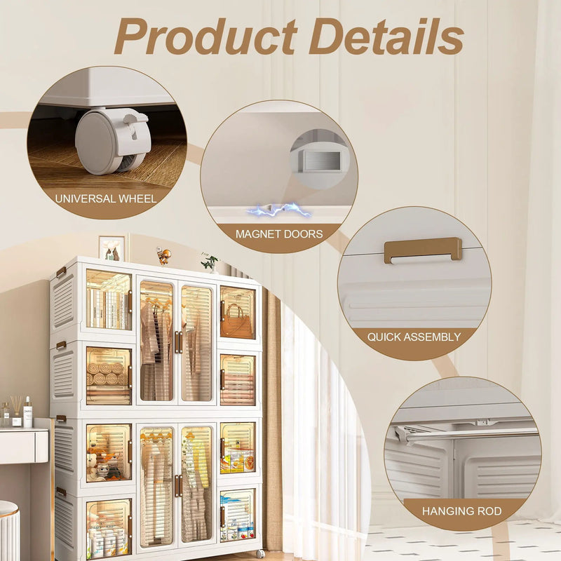 Portable Wardrobe Closet Storage Organizer For Clothes With Magnetic Doors, 12 Cubes & 2 Hanging Rods - White by HouseOfZazla
