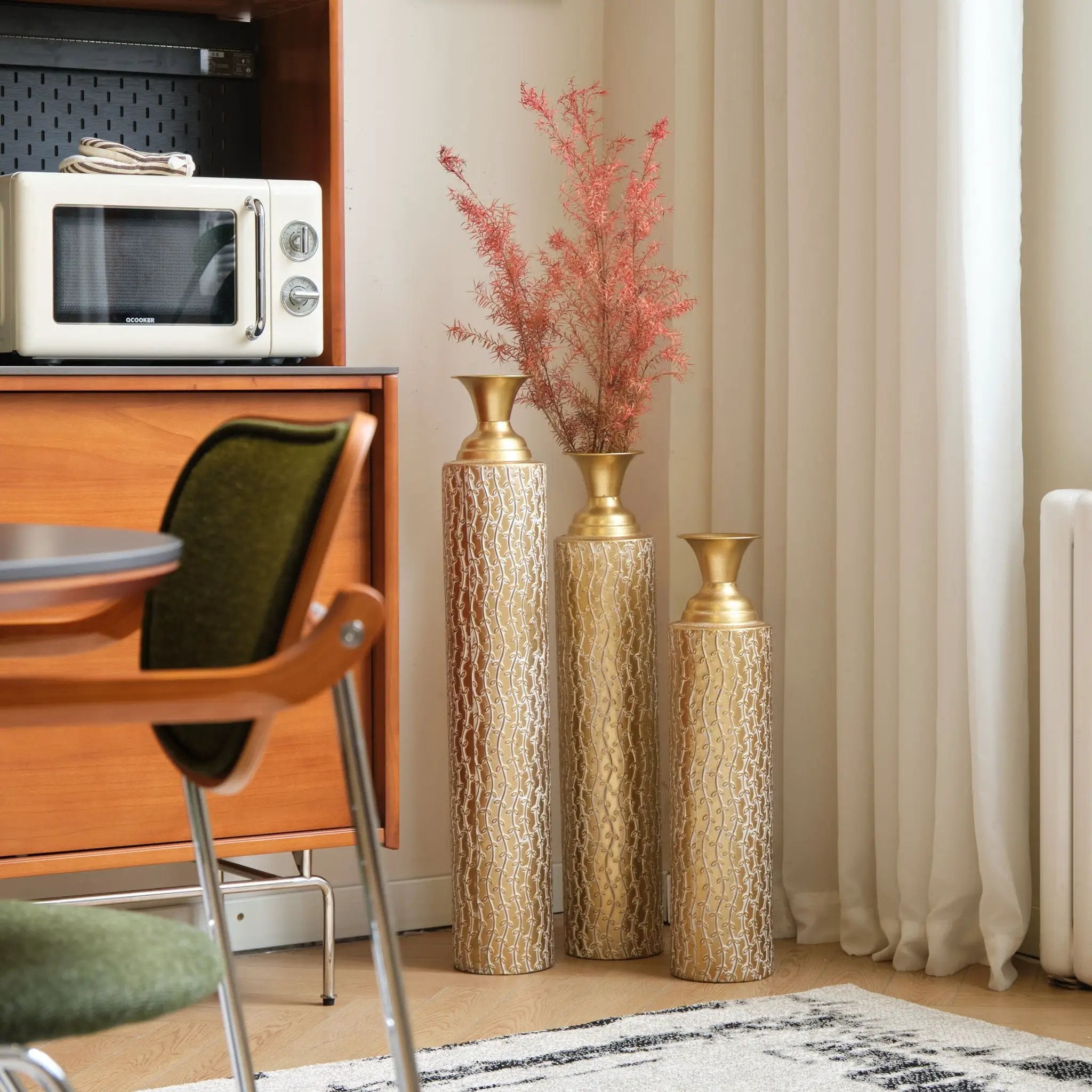Metal Decorative Vases High Distress Metal Center Vases With Growing Vine Patterns, (Set of 3) Vases For Home Decoration - Gold by HouseOfZazla