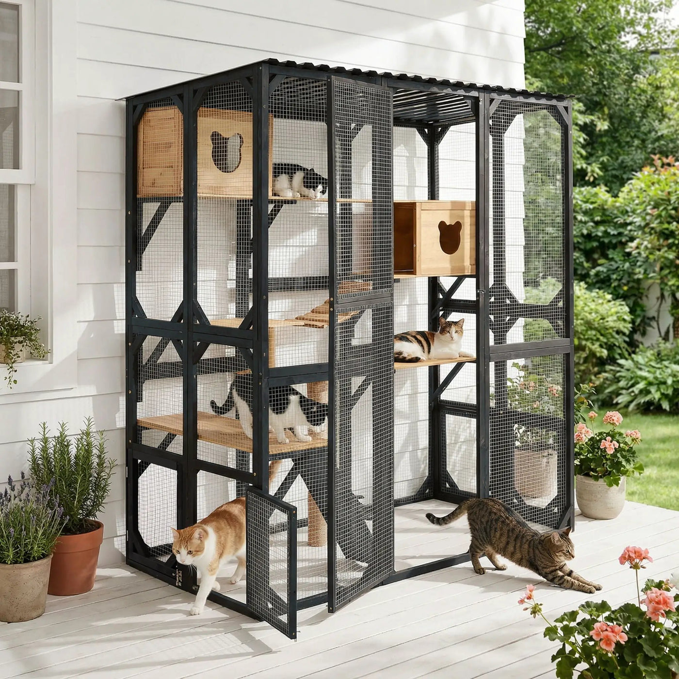 Outdoor Cat Enclosure With Sleeping Houses, Jumping Platforms, Scratching Post by HouseOfZazla