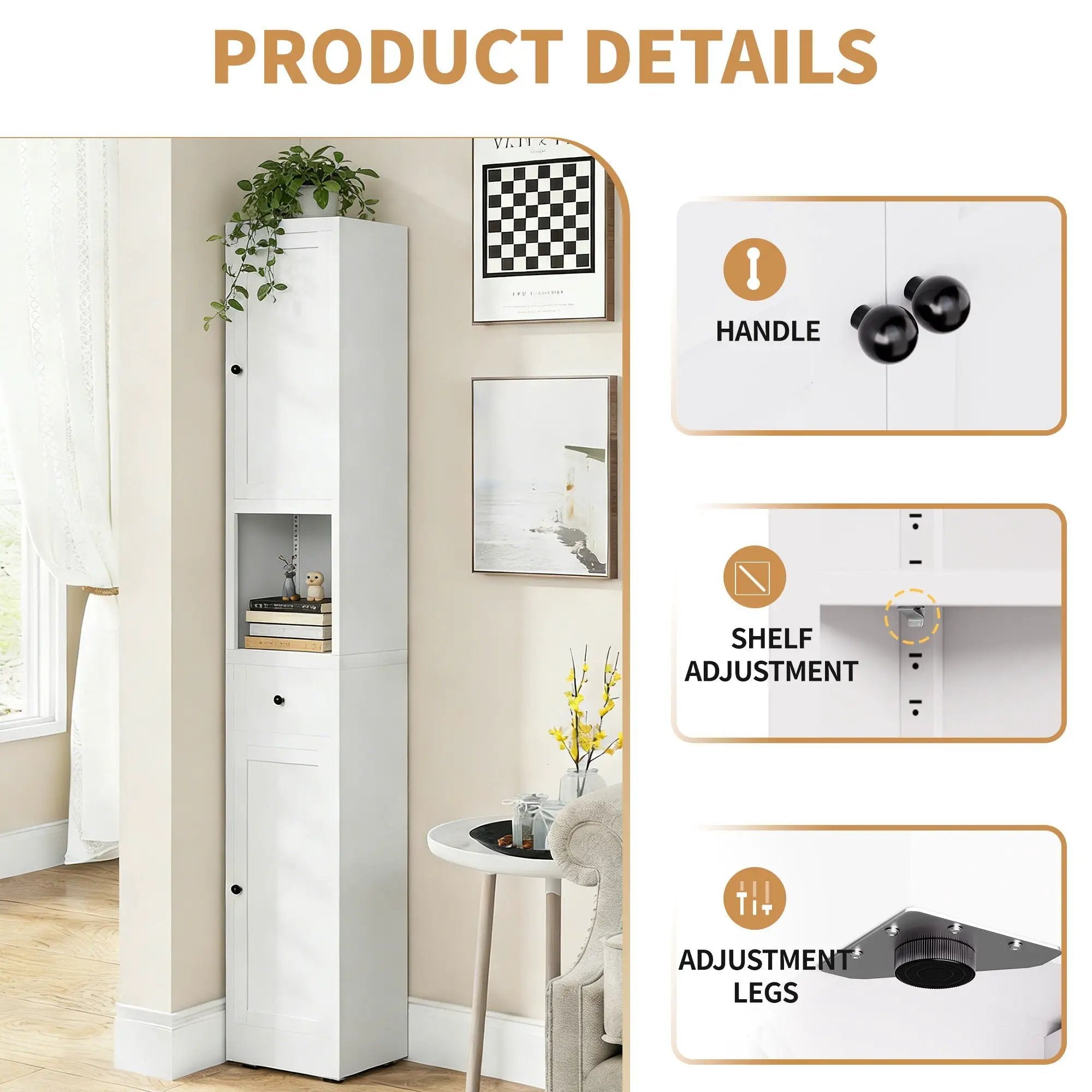 Tall Narrow Bathroom Cabinet With 5-Tier Storage, Adjustable Shelves, Freestanding - White by Unique Piece Furniture