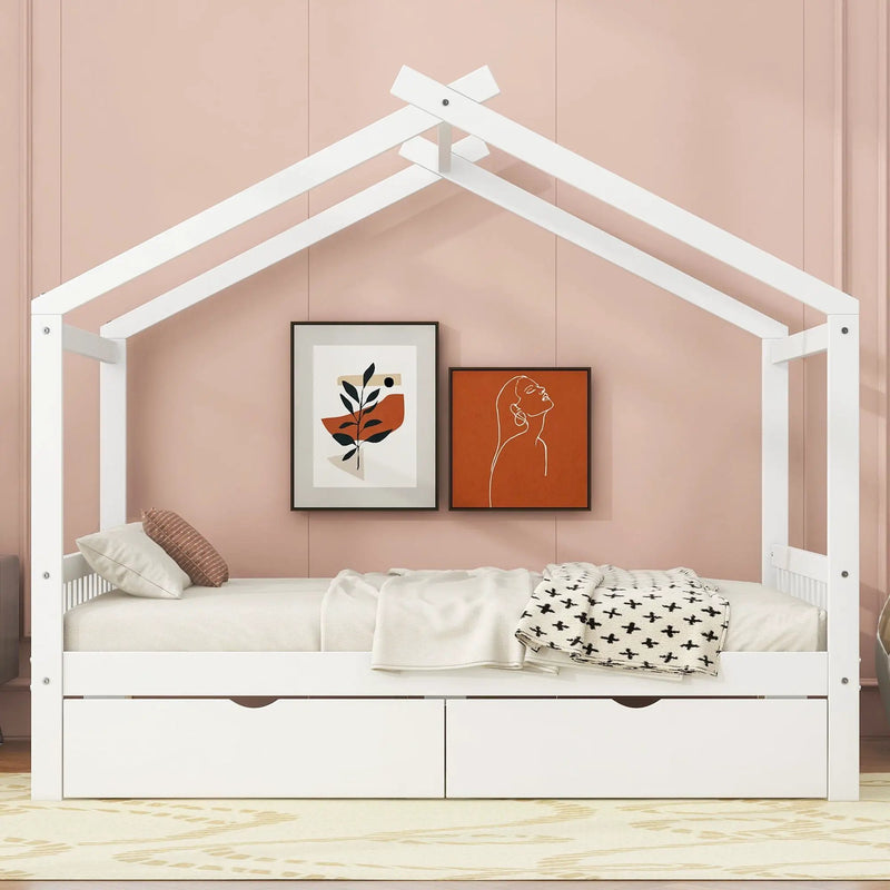 House Style Platform Bed With Headboard, Footboard, 2 Drawers, And Roof Design by Unique Piece Furniture