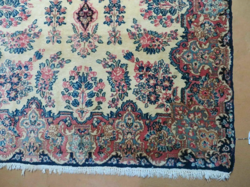 Antique Persian Kirman Rug 3.9 x 6.6, Floral Oriental Carpet, Ivory/Cream - Blue - Pink, Hand Knotted Wool Rug, Floral Medallion Rug 4x6 by Jewel Rugs