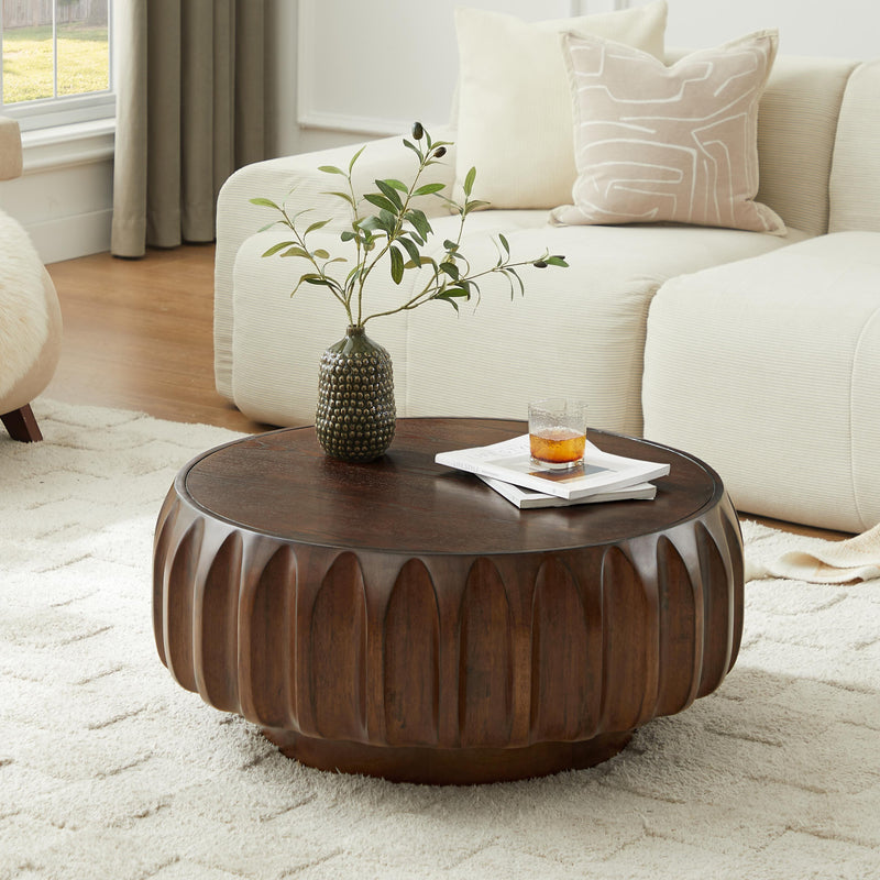 Round Coffee Table with Solid Wood Carved Frame and Elegant Sculptural Design, photo 4 of 9