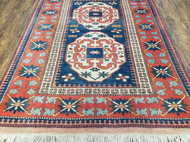 Turkish Kazak Rug 5x6 Vintage Handmade Wool Carpet Geometric Blue Red by Jewel Rugs