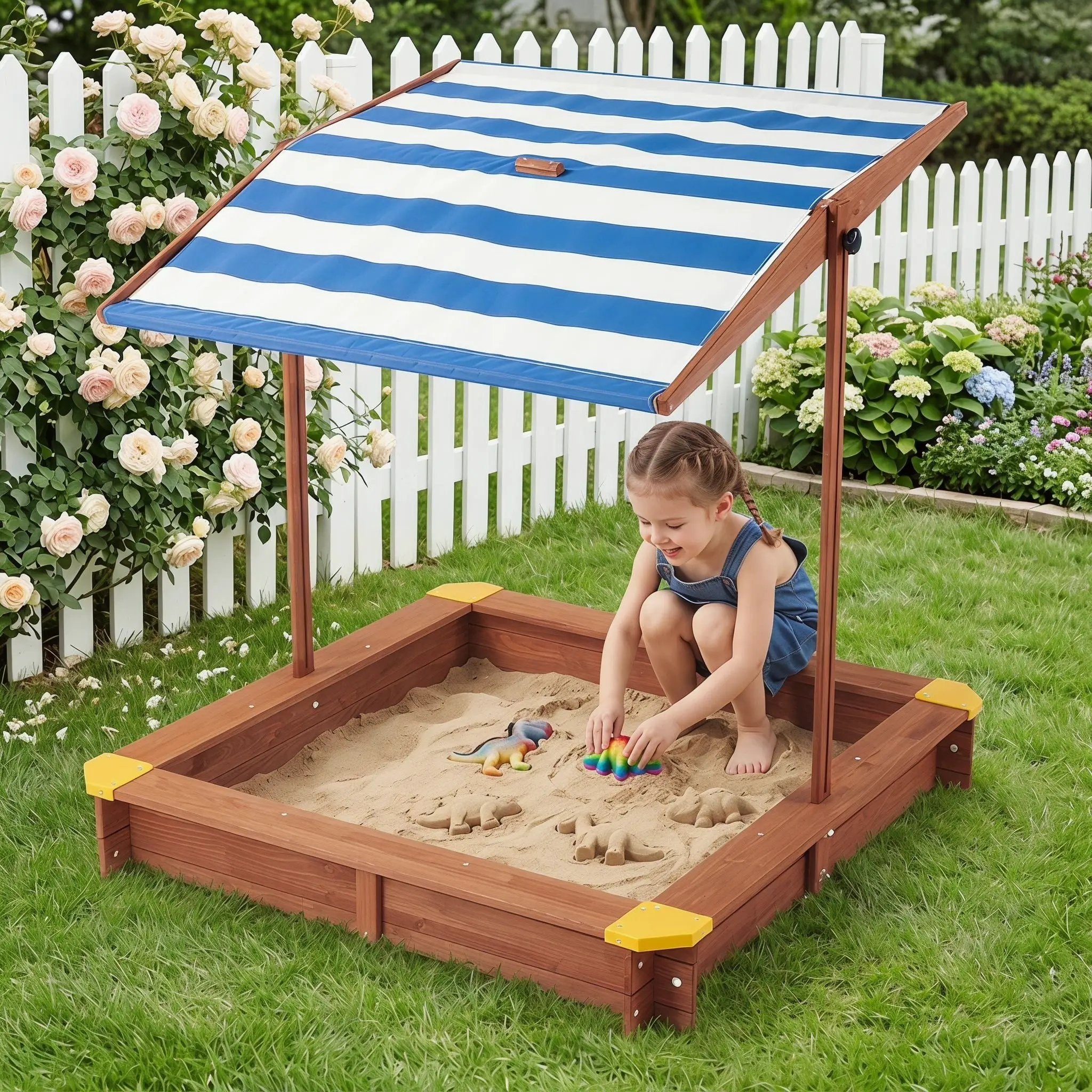 Kids Sandbox With Cover, Sand Box With Adjustable Canopy, Large Outdoor Cedar Sandpit For Backyard Play - Reddish Brown by HouseOfZazla
