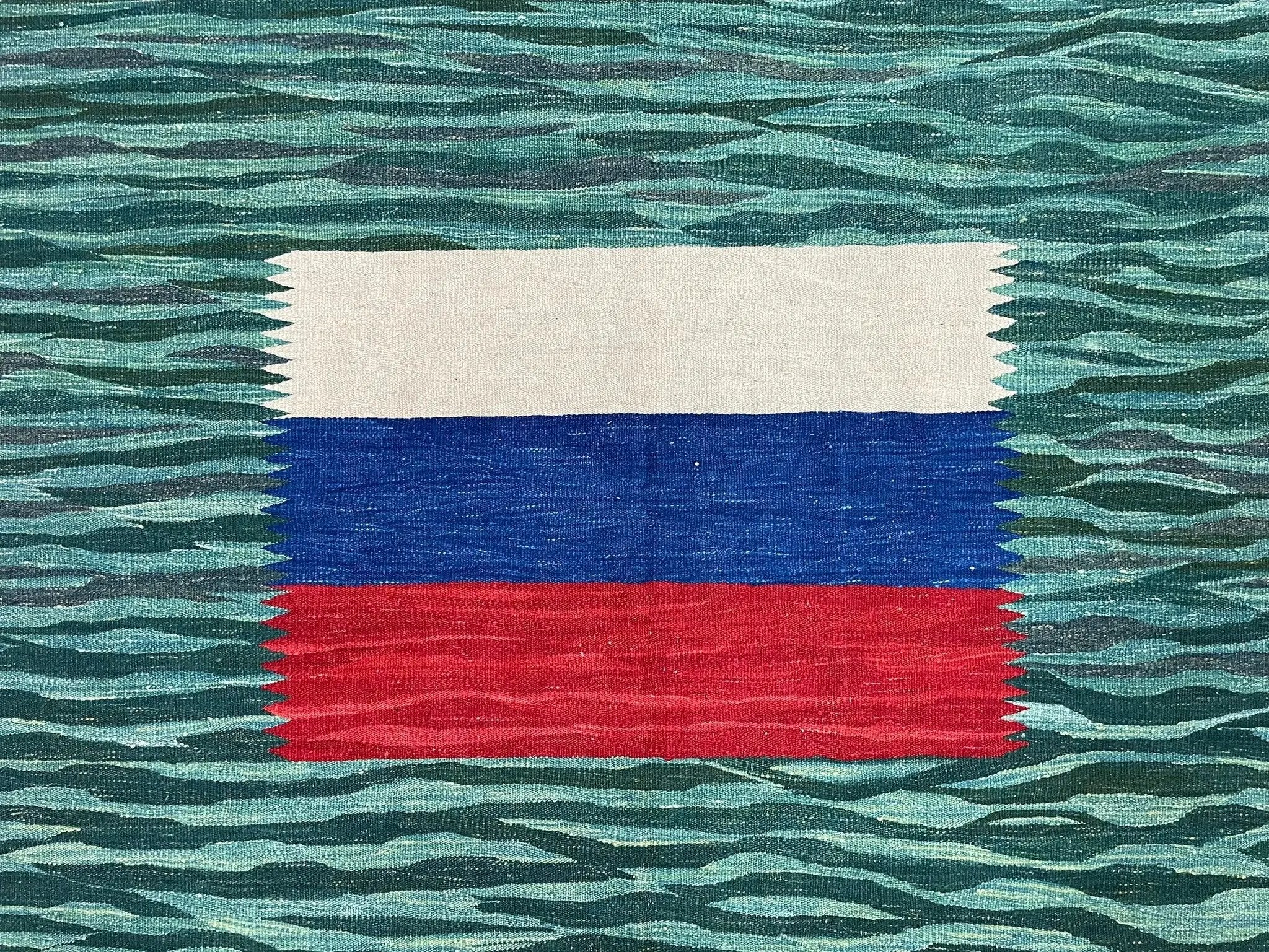 Sea Green Kilim Area Rug, White Blue Red Stripes, Russian Flag Rug, Flatweave Hand Knotted Carpet, Turkish Carpet, Wool, New, 5' 6" x 7' 10" by Jewel Rugs