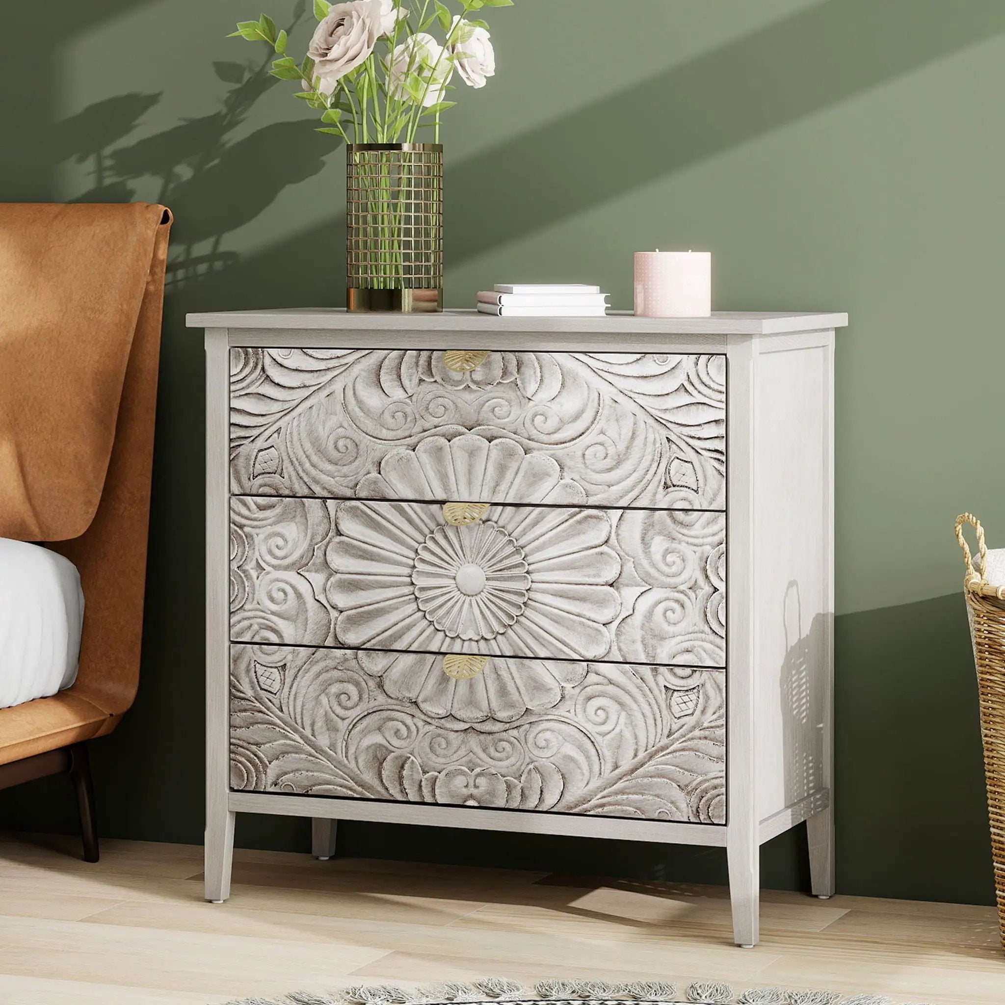 3 Drawer Cabinet, American Furniture, Suitable For Bedroom, Living Room - Light Gray by Unique Piece Furniture