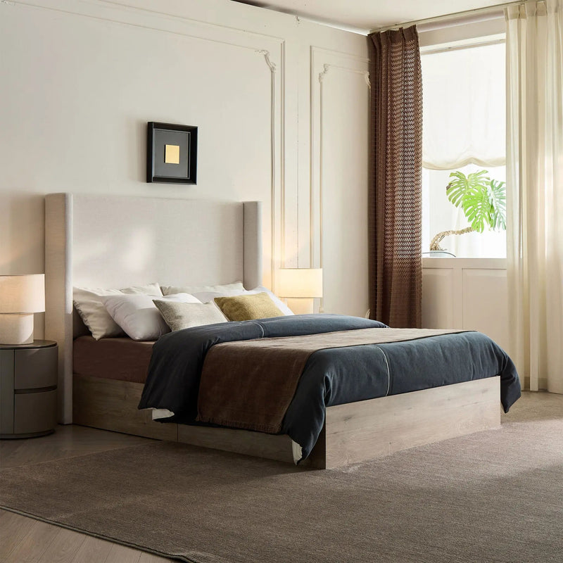 Shelton - Queen Upholstered Wingback Bed With 54" High Headboard - Ivory / Light Gray / Camel Oak by HouseOfZazla