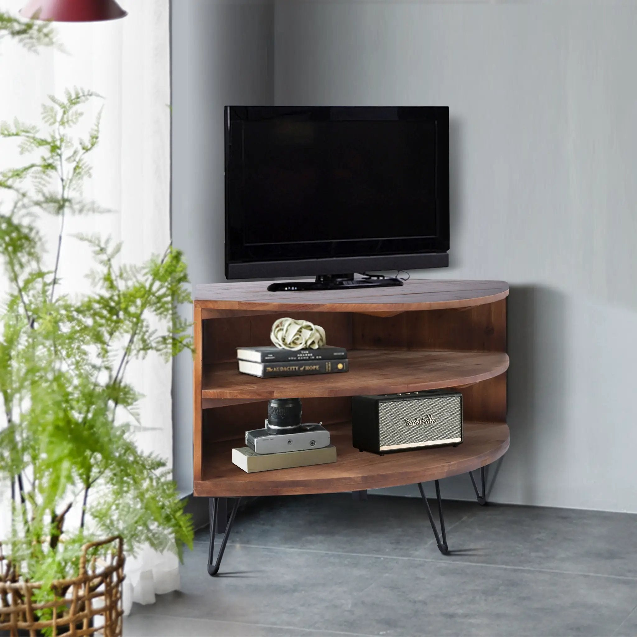 Fan Shape Reclaimed Wood Corner Media Table For Living Room Wise Use Your Space - Natural by Unique Piece Furniture