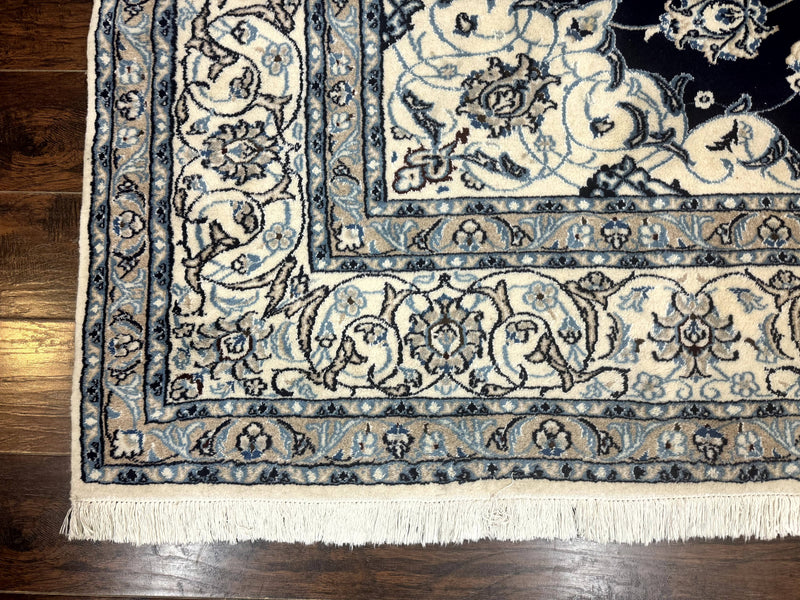 Persian Nain Rug 8x11, Navy Blue and Ivory, Handmade Wool Vintage Carpet, Floral Medallion by Jewel Rugs