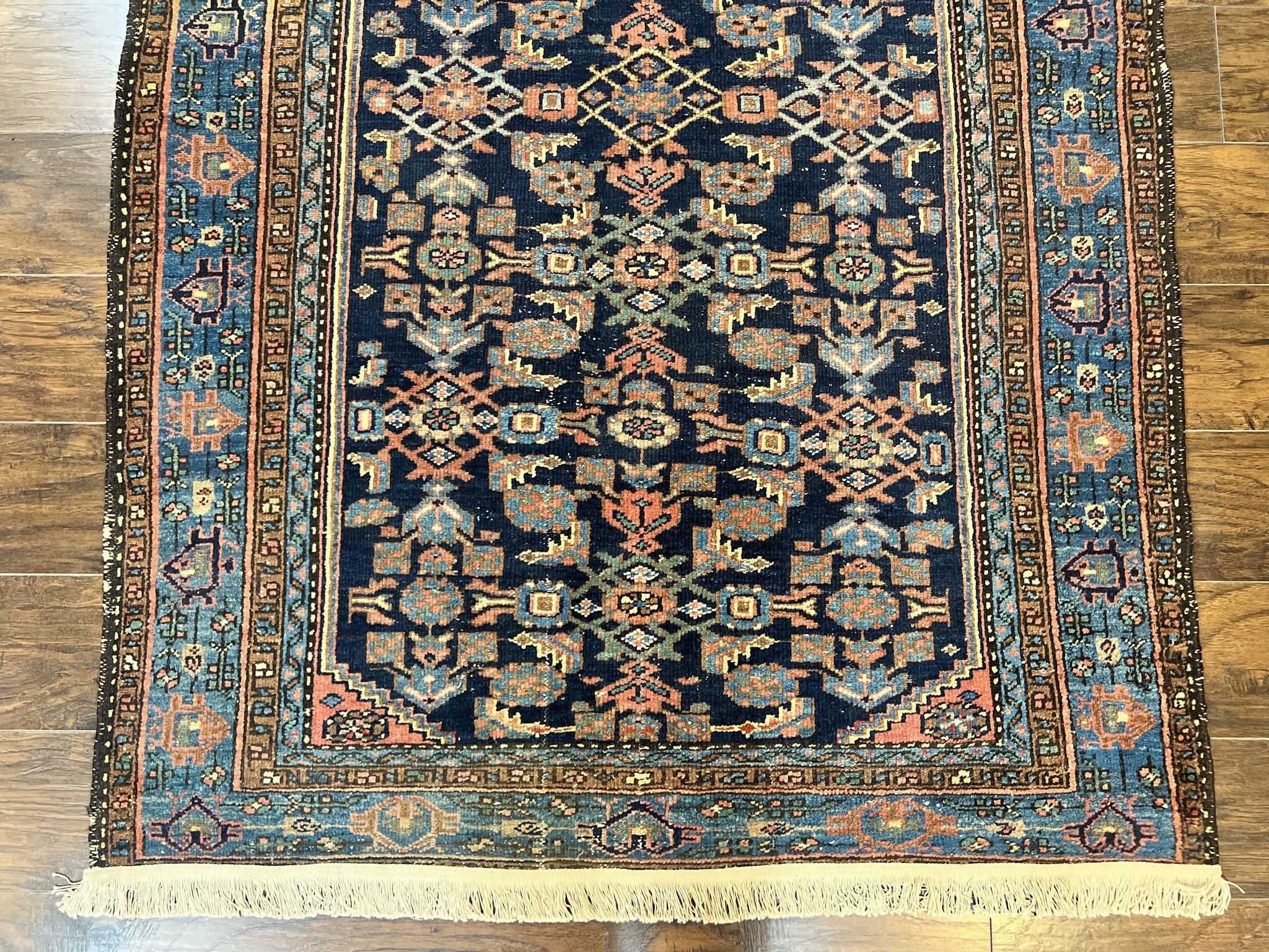 Antique Persian Tribal Rug 5x7, Navy Blue & Pink, Hand Knotted Handmade 1920s Wool Rug, Allover Pattern, Persian Hamadan Rug by Jewel Rugs