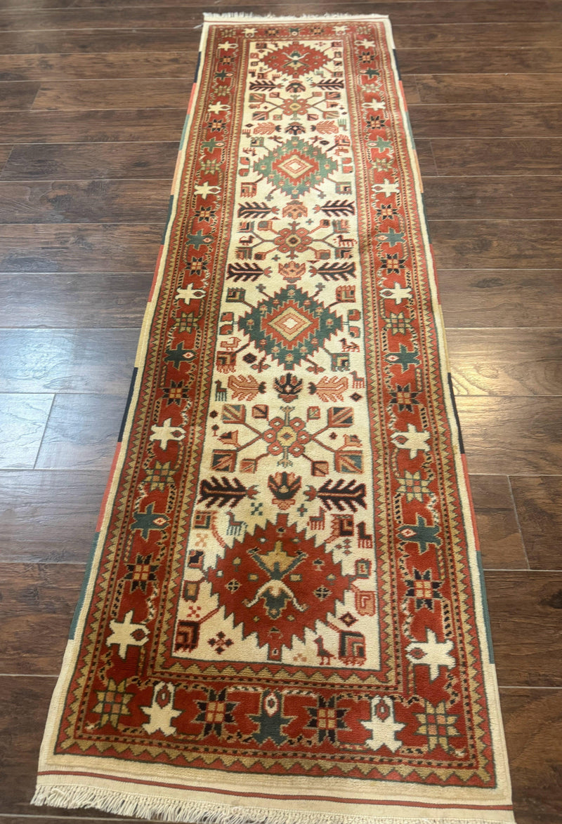 Turkish Runner Rug 2.4 x 8, Kazak Geometric Heriz Pattern, Beige Red by Jewel Rugs