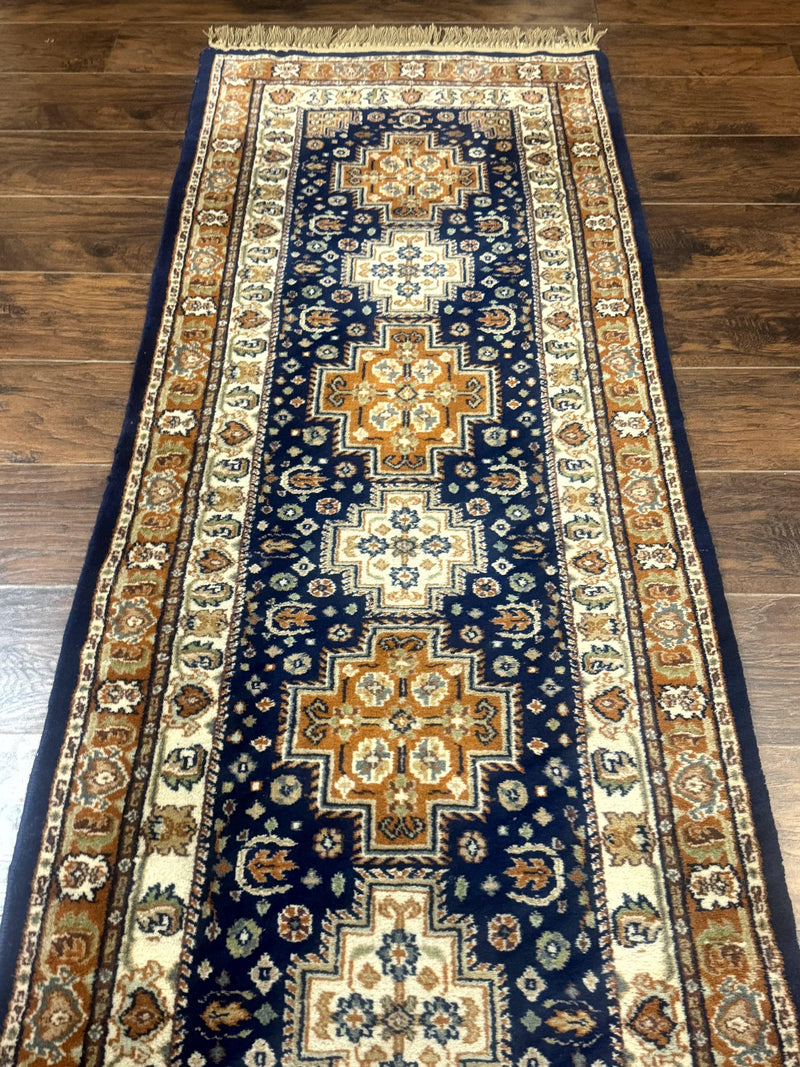 Indo Persian Runner Rug 2.6 x 12.7, Indian Kashmiri Runner for Hallway or Kitchen, Navy Blue, Geometric Medallions, Handmade Wool by Jewel Rugs