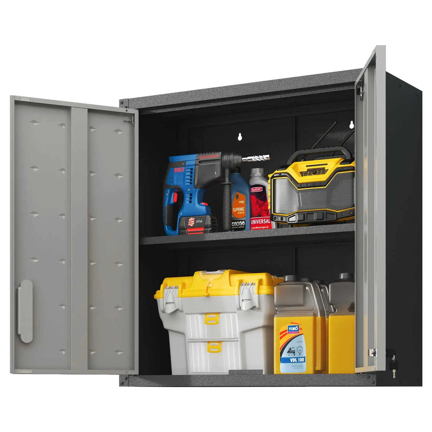 Metal Wall Mounted Tool Storage Cabinet With 2 Locking Doors, Adjustable Shelf, And Drawer by HouseOfZazla