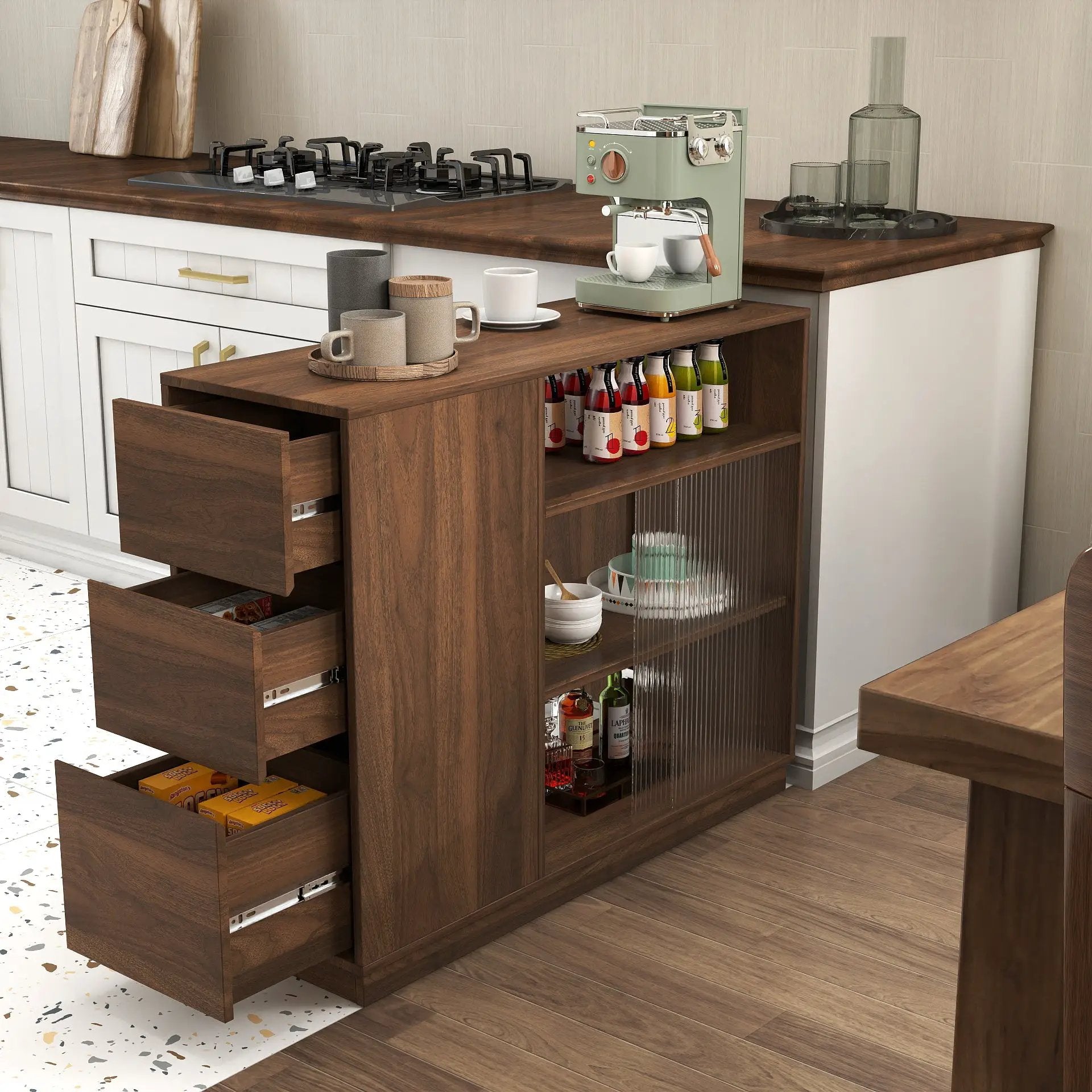 Kitchen Sideboard, Small Countertop Organizer with Sliding Glass Doors and Drawers by HouseOfZazla