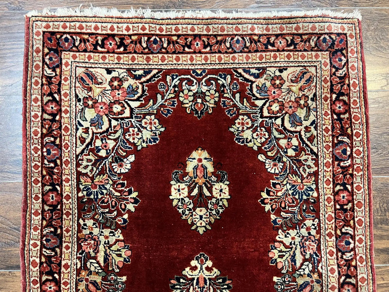 Persian Sarouk Runner Rug 2.7 x 6, Semi Open Field, Red, Handmade Hand Knotted, Wool Oriental Carpet, Vintage Semi Antique by Jewel Rugs